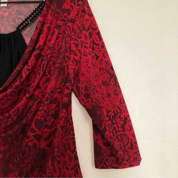 Dress Barn Red Black Floral Lace Beaded 3/4 Sleeve Scoop Neck Shirt Blouse Top - Picture 5 of 9